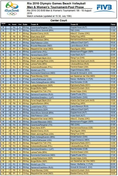 Rio 2016- Beach Volleyball Schedule